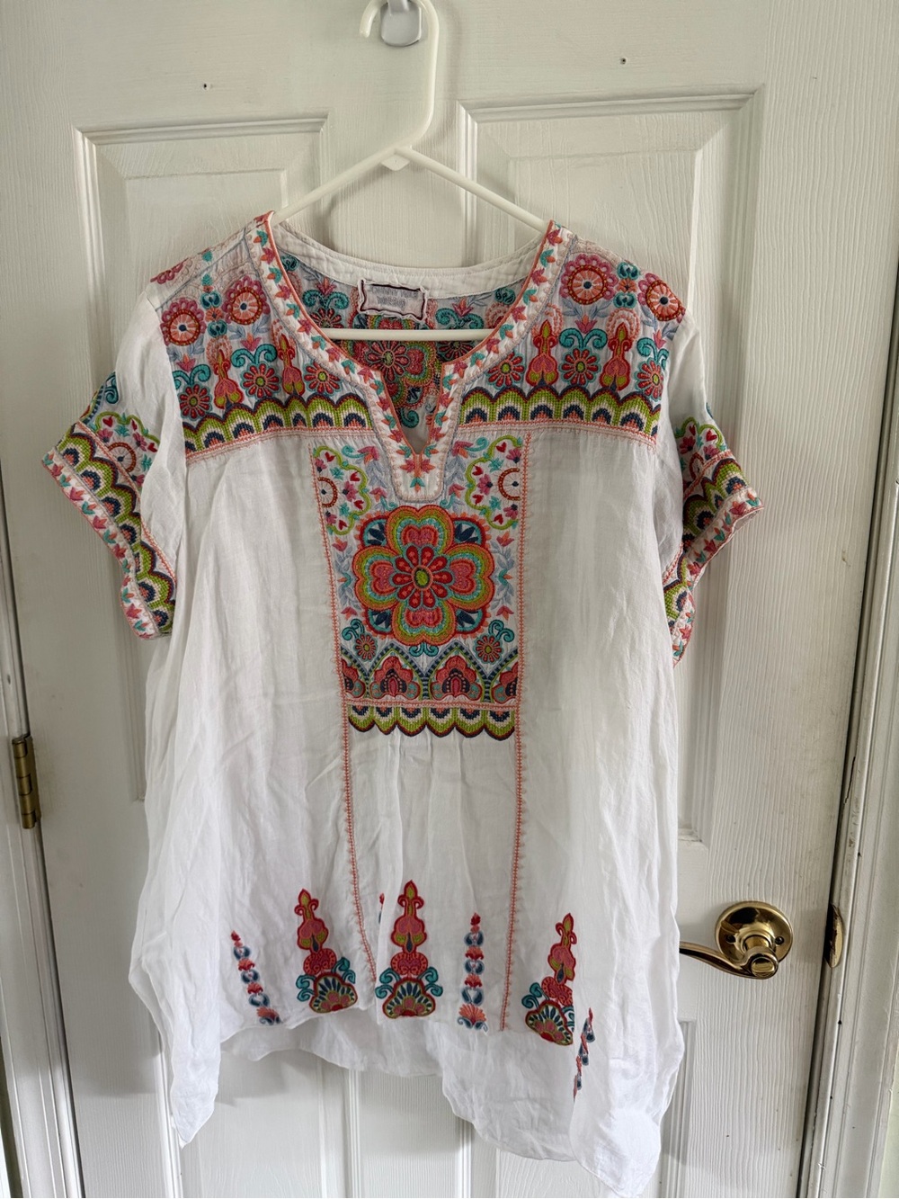 Johnny Was White Boho Embroidered Short Sleeve Tunic Top - Multicolor Floral